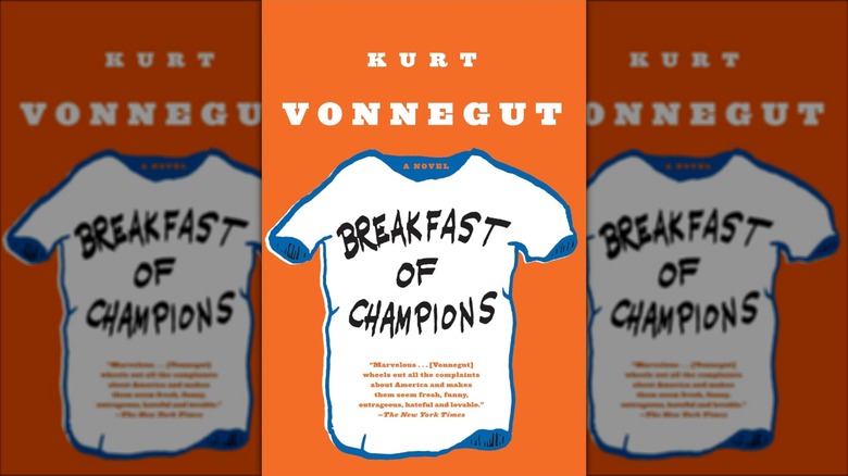 The cover of Breakfast of Champions with an orange background and a white t-shirt