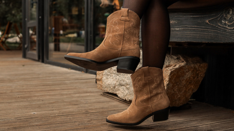 Brown suede cowboy ankle boots