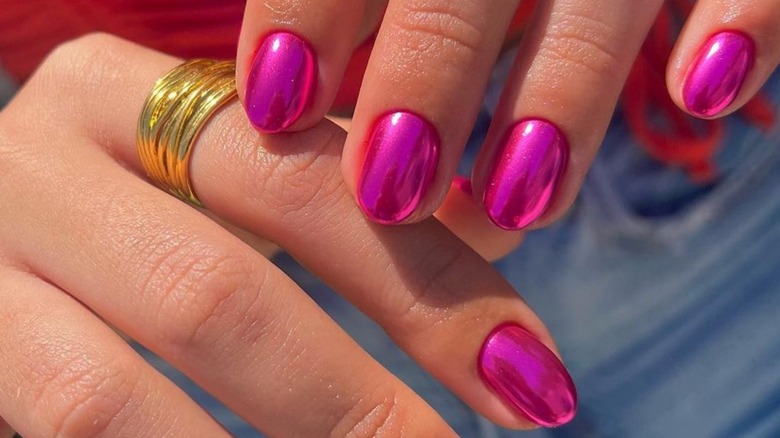 Hot pink chrome manicure