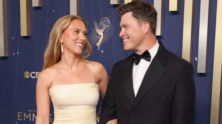 Scarlett Johansson and Colin Jost attend the 77th Primetime Emmy Awards at Peacock Theater on September 14, 2025 in Los Angeles