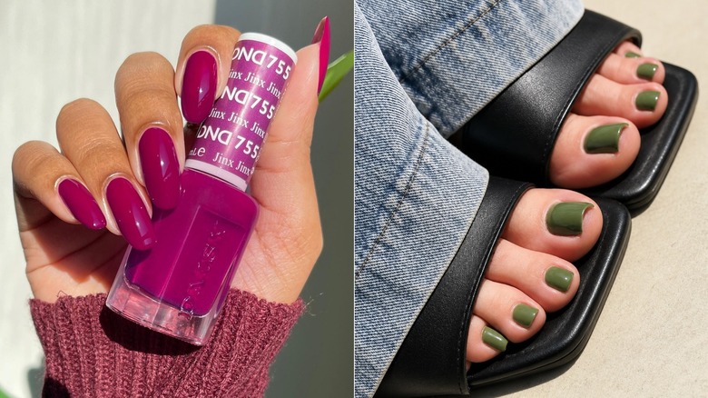 Split image of a hand with a magenta manicure holding a nail polish bottle and a pair of feet in sandals with olive green toes