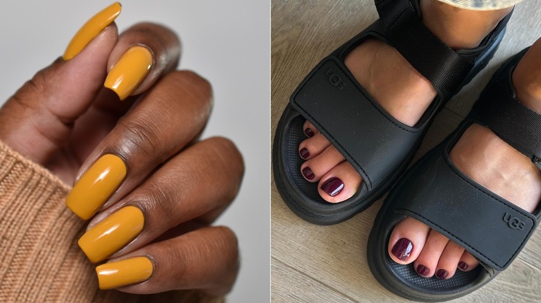 Split image of a mustard yellow manicure and dark purple pedicure