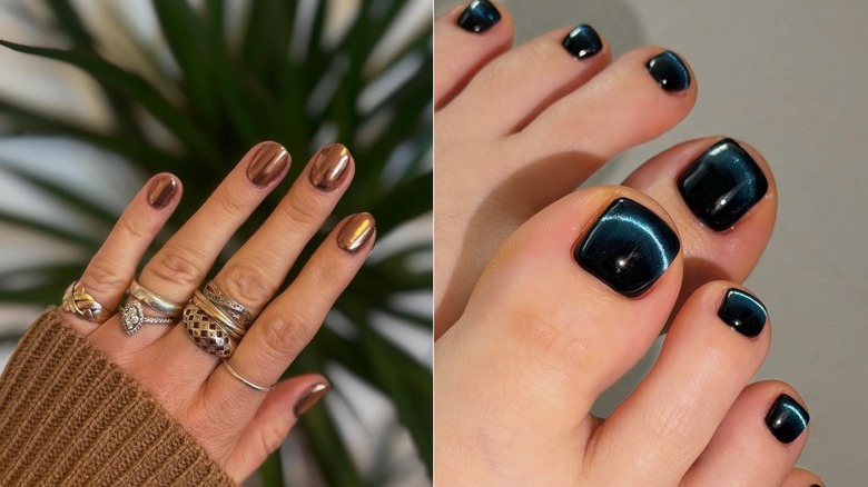L: A close-up of copper colored nail polish on nails / R: A close-up of a pedicure with the magnetic cat eye effect in deep navy