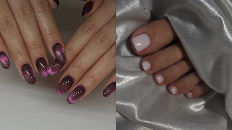 L: A close-up of a gel cat eye manicure in deepl plum / R: A close-up of a gel pedicure in milky white