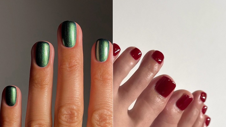 L: Close-up of OPI's Ozitively Elphaba nail polish on nails / R: Close-up of deep berry red pedicure