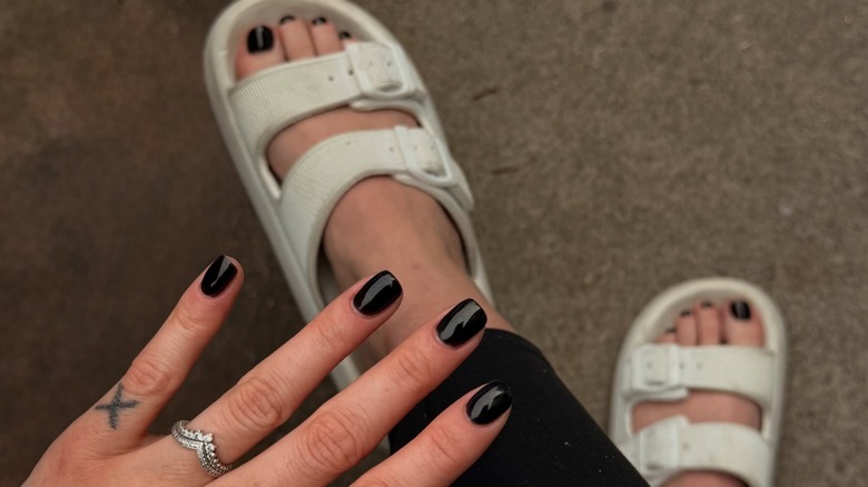 A close-up of a matching manicure and pedicure