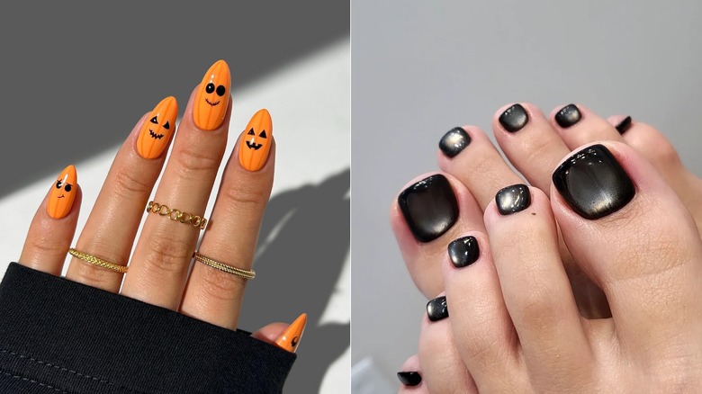 L: Close-up of pumpkin orange manicure with jack o lantern nail art/ R: Close-up of velvety cat eye pedicure in black