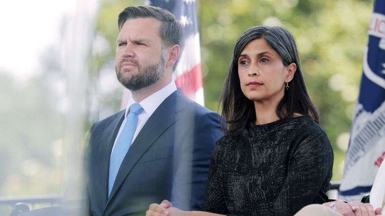 U.S. Vice President JD Vance and his wife Usha Vance listen during the 44th annual National Peace Officers' Memorial Service at the U.S. Capitol on May 15, 2025 in Washington, DC.