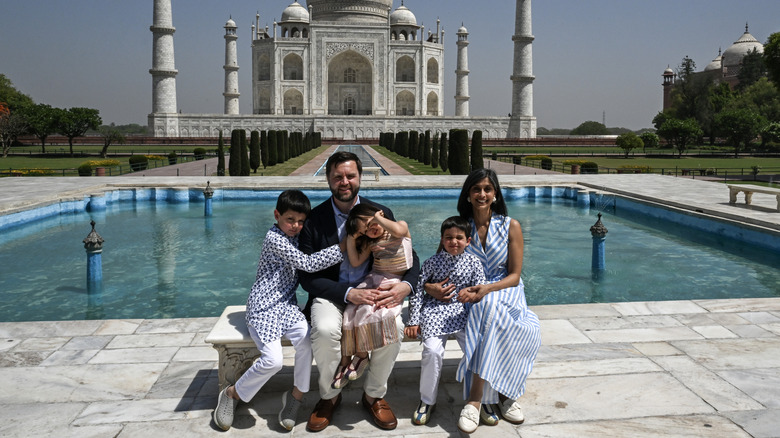 JD and Usha Vance and their three kids pose for a family photo in front of the Taj Mahal