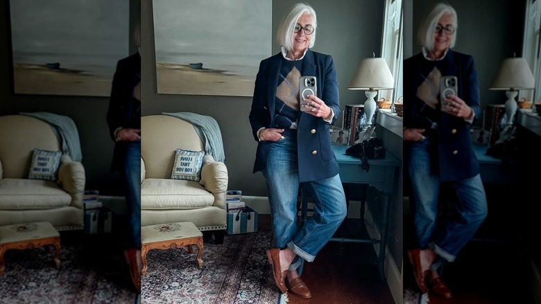 Woman wearing an argyle sweater and blazer