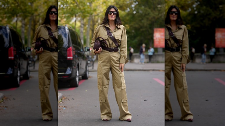 Woman wearing khaki cargo pants and shirt