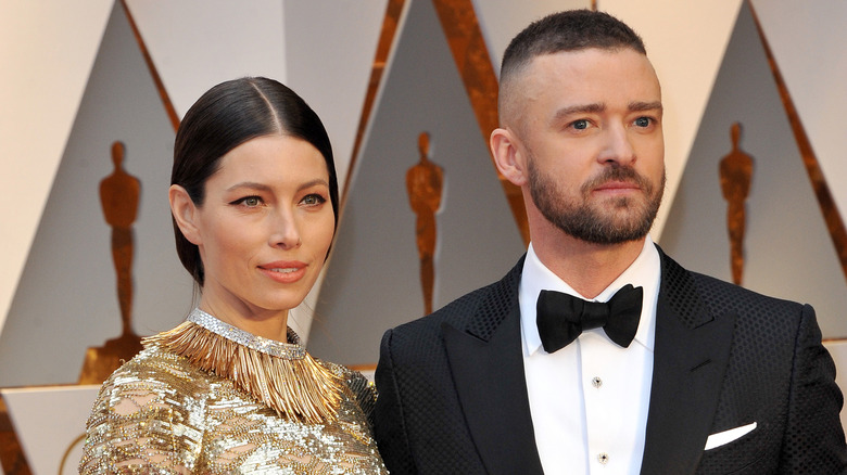 Jessica Biel and Justin Timberlake posing together on the red carpet