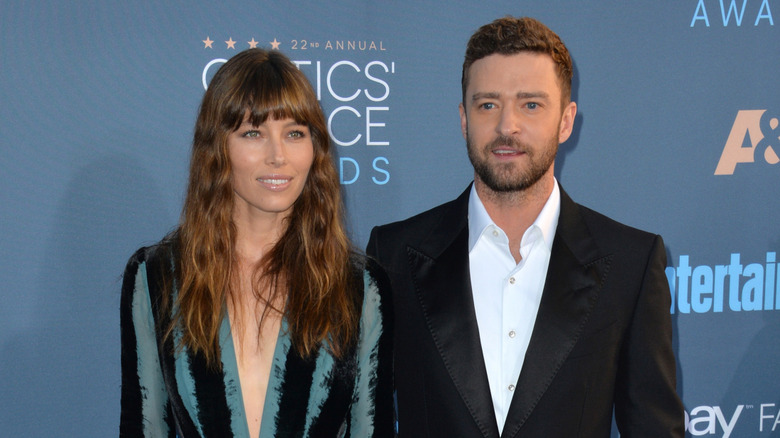 Jessica Biel and Justin Timberlake posing together on the red carpet