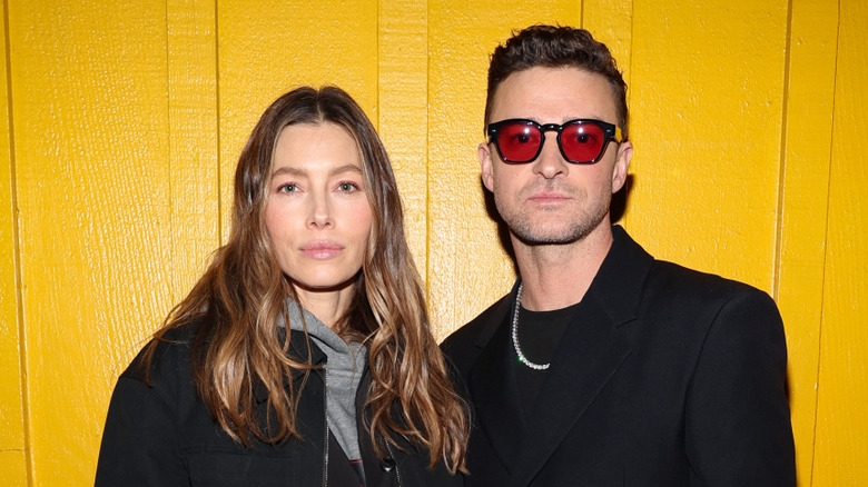 Jessica Biel and Justin Timberlake posing together on the red carpet