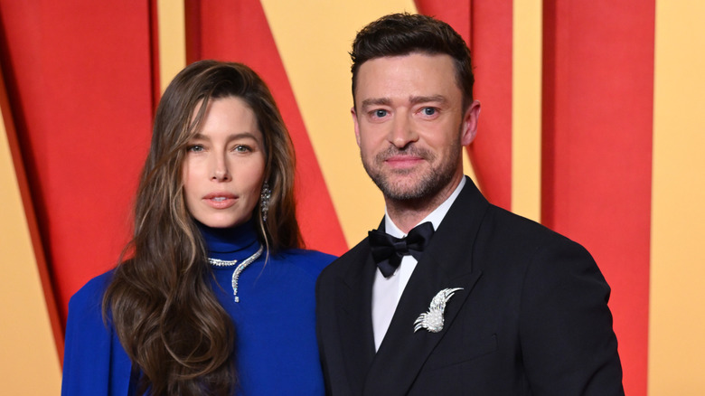 Jessica Biel and Justin Timberlake posing together on the red carpet