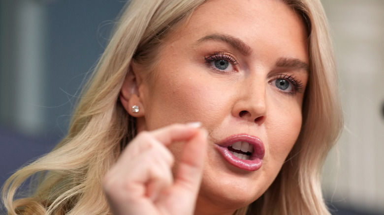 A close-up of Karoline Leavitt's face