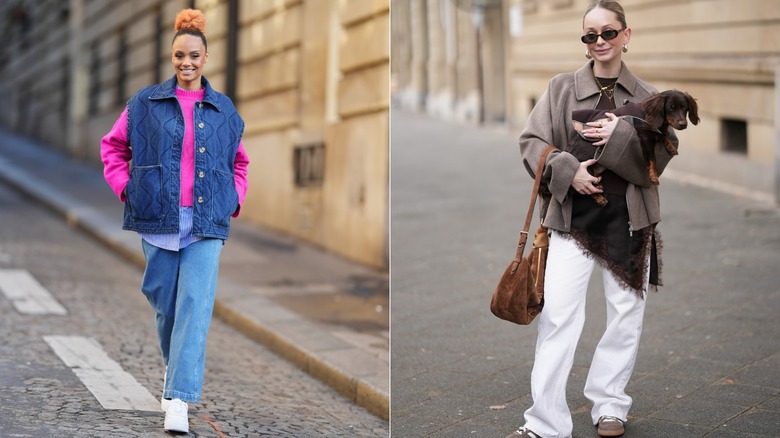 Style influencers getting their photos taken both wearing straight leg jeans