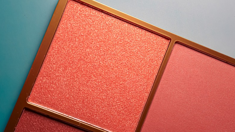 A glittery, coral shade of blush in a makeup palette