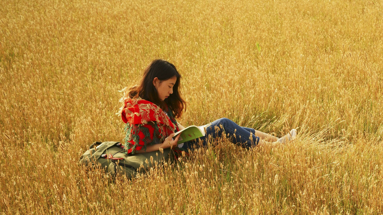 Woman reading in a wheat field