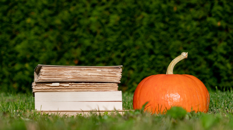 Stack of worn books sitting in green grass next to an orange pumpkin