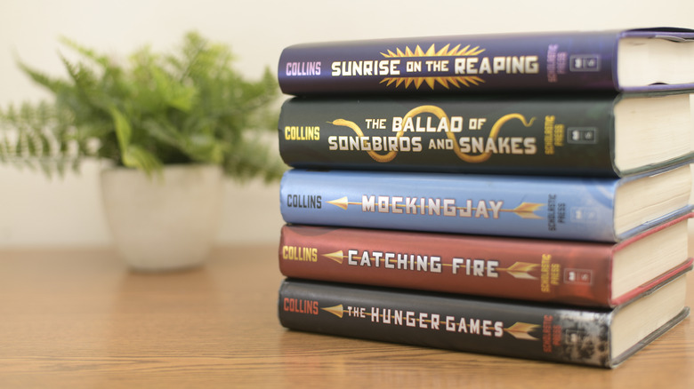 Stack of the five "The Hunger Games" books by Suzanne Collins
