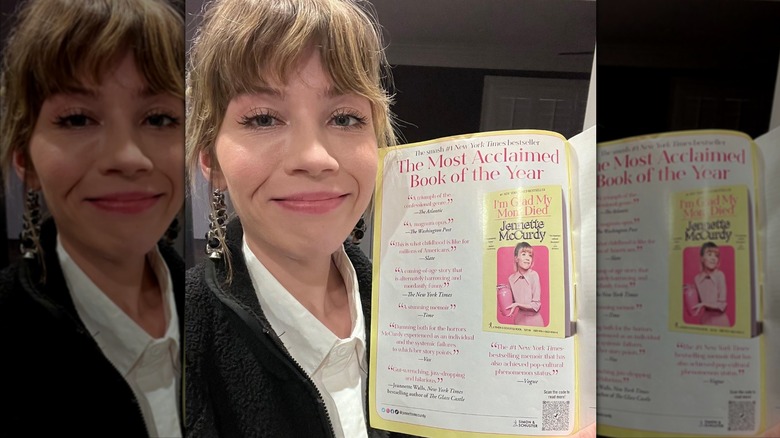 Jennette McCurdy holding a magazine page that calls her book "the most acclaimed book of the year"