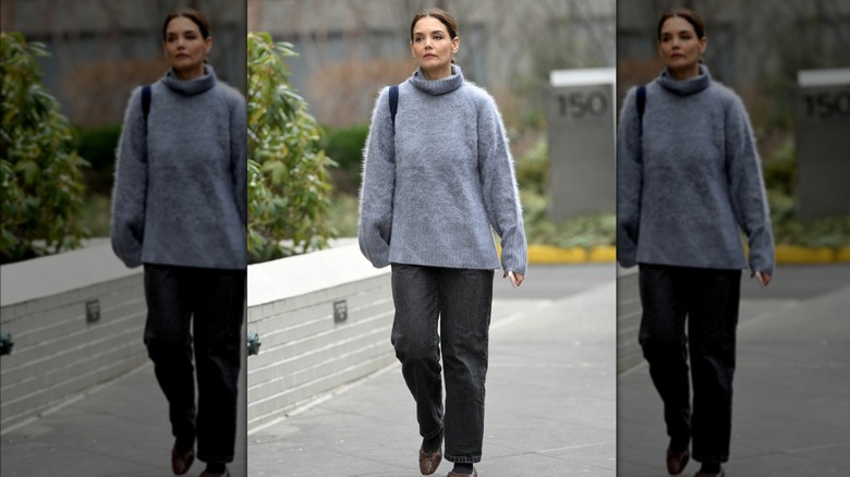 Katie Holmes in a gray turtleneck sweater