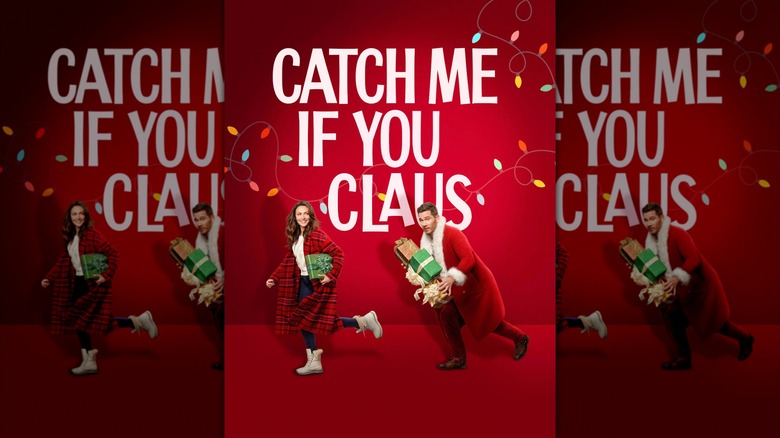 The poster for the movie "Catch Me If You Claus" featuring both stars running on a red background