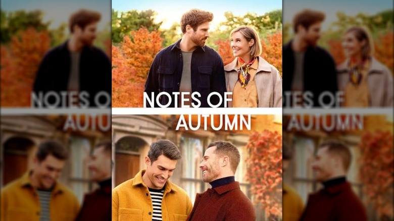 The poster for the movie "Notes of Autumn" featuring both couples smiling at one another