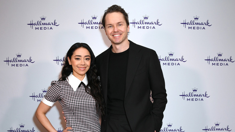 Aimee Garcia (L) and Paul Campbell attend the Hallmark Media 2024 TCA Winter Press Tour at The Langham Huntington, Pasadena on February 06, 2024