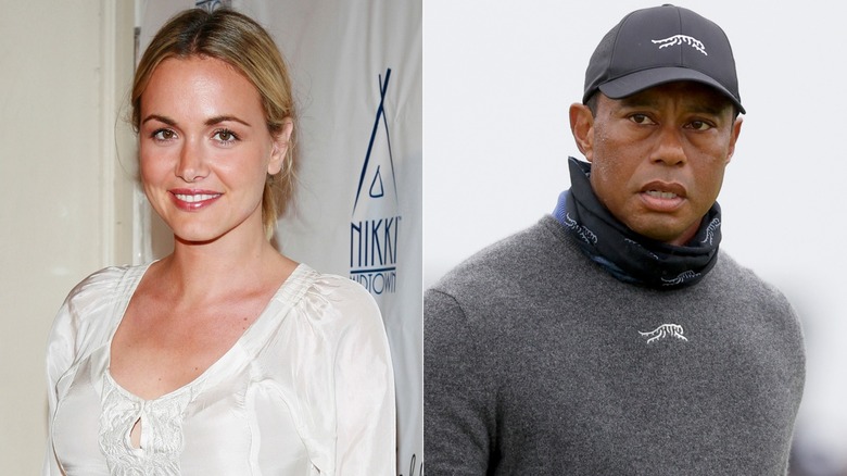 Vanessa Trump smiling on the red carpet and Tiger Woods on the golf course, side by side photos
