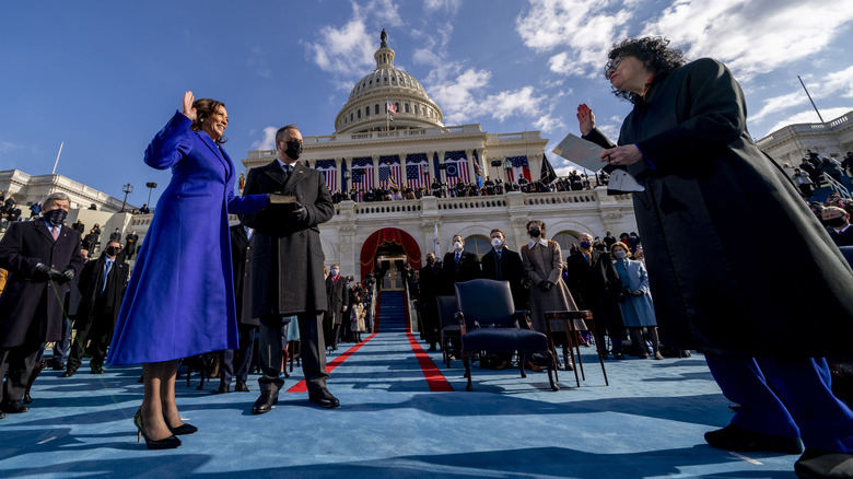 Kamala Harris at the inauguration being sworn in