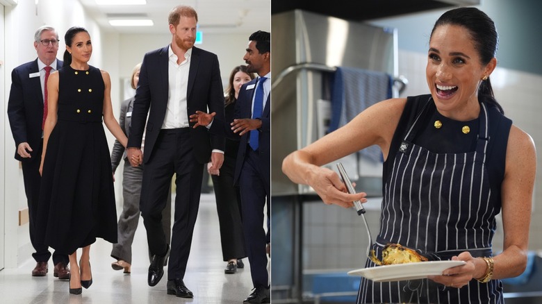 Meghan Markle and Prince Harry attending events across Australia while Meghan wearing a navy, tea-length dress and gold jewelry