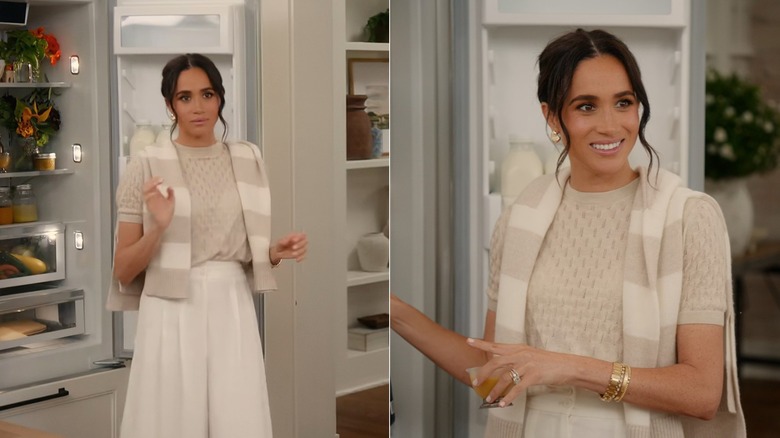 Split image of Meghan Markle wearing a tan and off-white outfit on her show "With Love, Meghan"