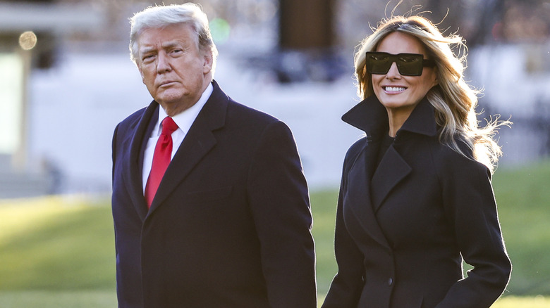 Donald and Melania Trump holding hands on the White House lawn
