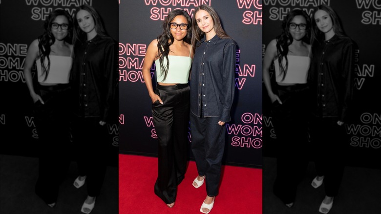 Nina Dobrev poses with Ariana DeBose at the opening night of "One Woman Show" in 2023