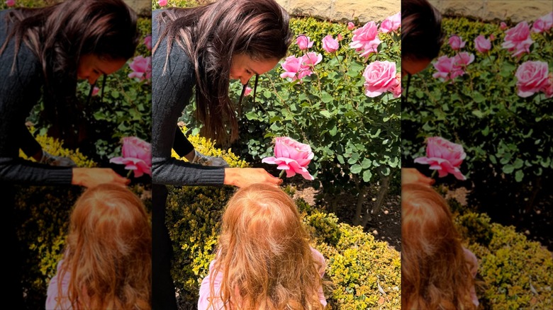 Meghan Markle looking at roses with her daughter