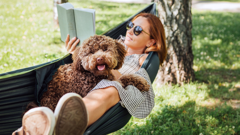 A woman lying in a hammock reading a book with her dog on top of her