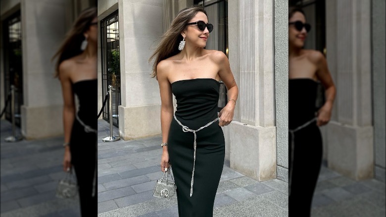 Woman in a black tube dress 