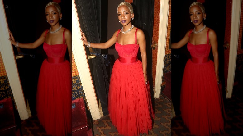 Red dress and blonde hair