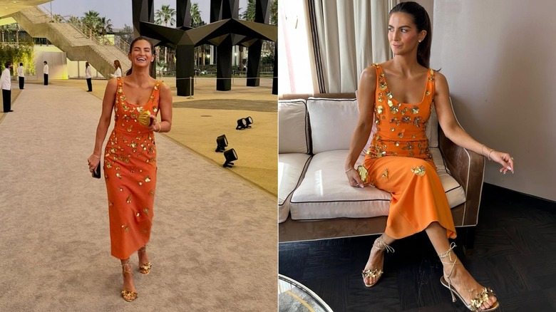 Side-by-side photos of Kaitlan Collins in an orange dress