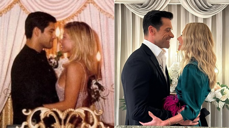 Side-by-side photos of Kelly Ripa and Mark Consuelos, getting married in 1996 and recreating the photo in 2024