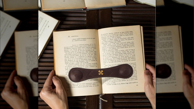 A leather book weight