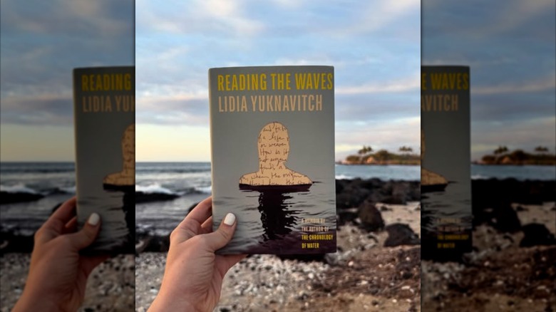 A hand holding up a copy of "Reading the Waves" in front of the of the ocean