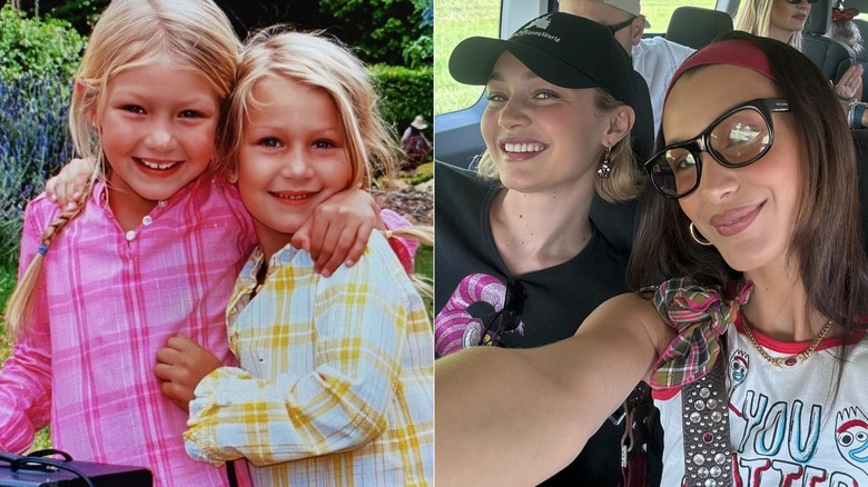 Split image of Gigi and Bella Hadid, half-hugging for a photo as children and posing together for a car selfie as adults