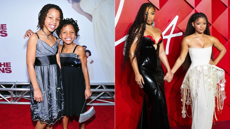 Split image of Chloe and Halle Bailey posing together as children and adults, each on red carpets
