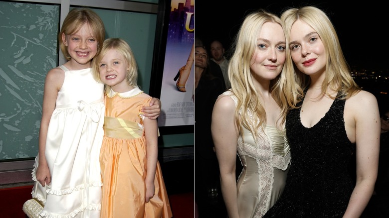 Split image of Dakota and Elle Fanning posing together as children and adults