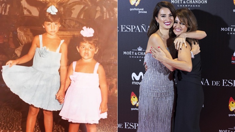 Split image of Penélope and Mónica Cruz holding hands as children and embracing as adults on the red carpet