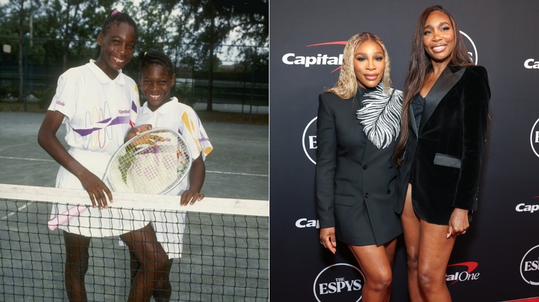 Split image of Serena and Venus Williams posing as children on a tennis court and as adults on a red carpet