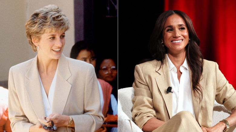 Princess Diana in a neutral blazer and Meghan Markle in a neutral blazer with a white shirt at an event